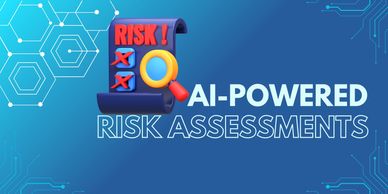 Blue background with hexagonal patterns and circuit lines. A scroll with 'RISK!' and a magnifying gl