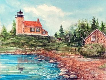 "Copper Harbor Lighthouse" in the Upper Peninsula of Michigan.  Small watercolor painting.