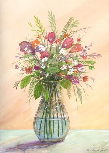 "Mix of Reds" a small Watercolor painting with a mixture of flowers in a glass vase.