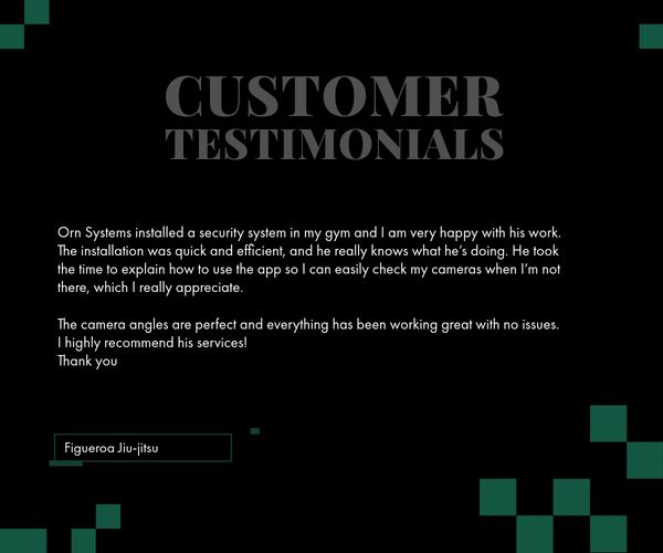 Customer testimonial praising Orn Systems for efficient gym security installation and excellent service.