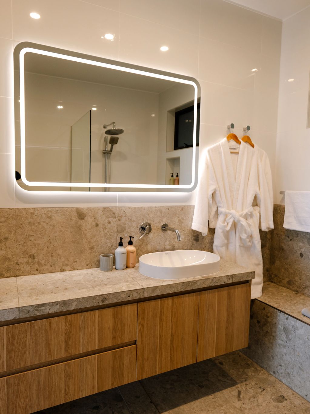 Your day spa vibe awaits in the bathroom. Sand Shacks Dolphin Sands brings functionality of bench se