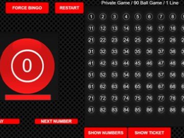 Youngstown DJ. Digital 90-ball bingo game interface with number 0 displayed.