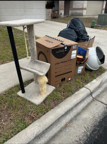 Discarded cat items including a scratched cat tree, litter robot box, and litter box by the curb.