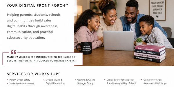 A family learns digital safety together with educational resources and workshops.