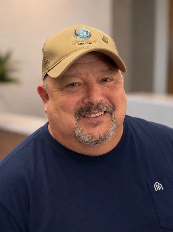 Smiling man wearing a beige cap and navy blue shirt.