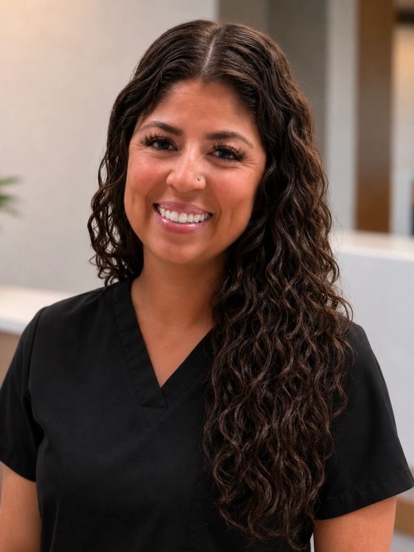 Smiling woman with long curly hair in black scrubs.