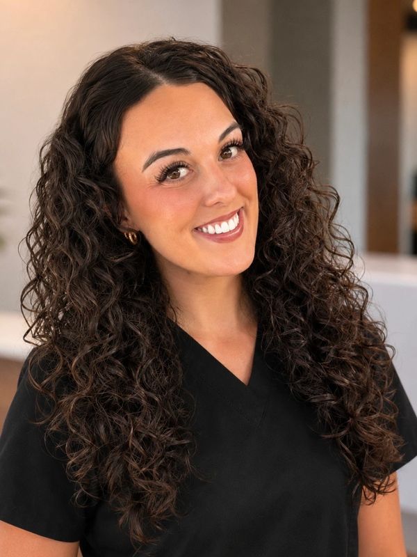 Smiling woman with long curly hair in black shirt.
