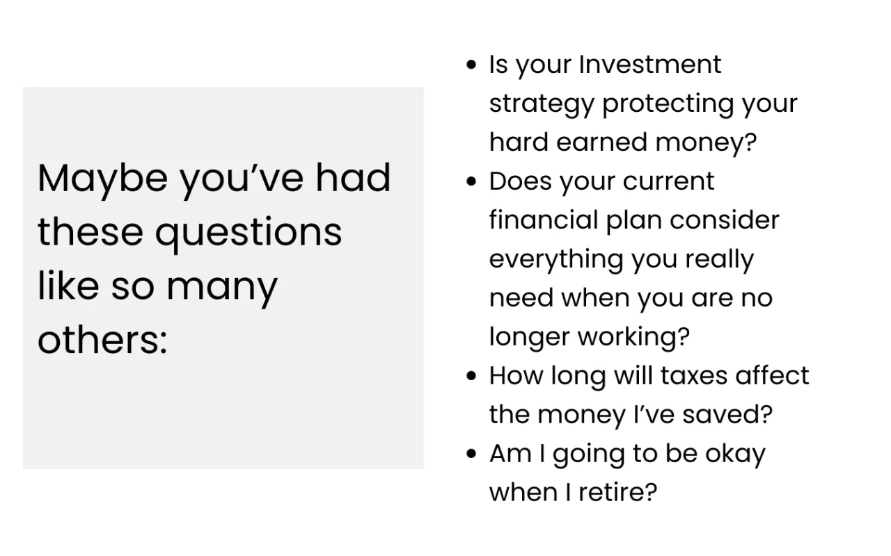 Questions about investment strategy, financial planning, taxes, and retirement concerns.