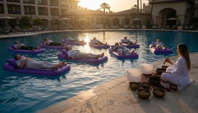 People relaxing on purple floats in a pool while a woman plays singing bowls at sunset.