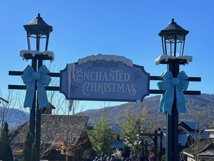 Signpost for Anakeesta Enchanted Christmas with snowy decorations and blue bows.