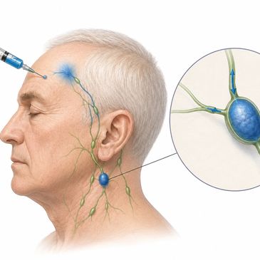 Medical illustration of an injection targeting nerve nodes in the head and neck area.