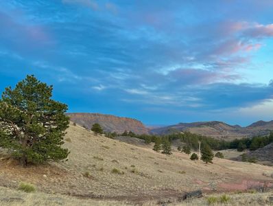 A serene landscape with rolling hills, scattered trees, and a colorful sky.