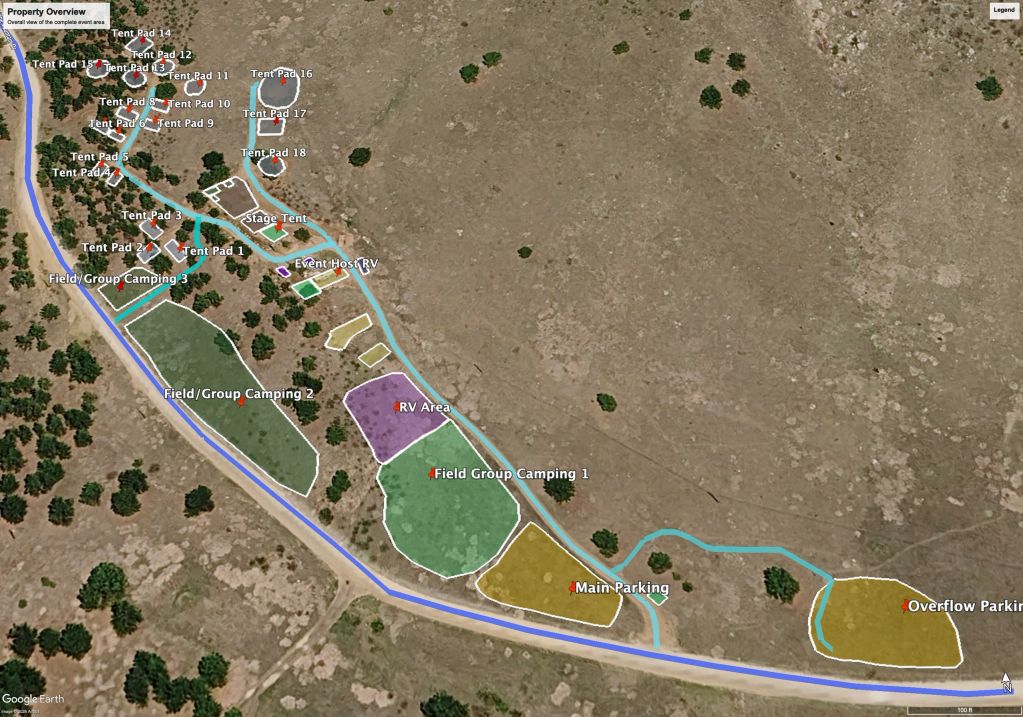 Aerial map showing an event area with tent pads, camping fields, RV area, and parking zones.