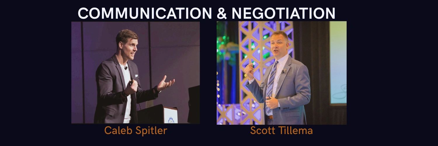 Two men speaking on communication and negotiation skills at an event.