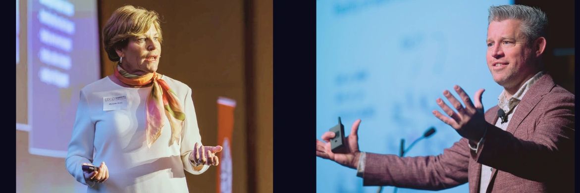 Two people giving presentations on stage.