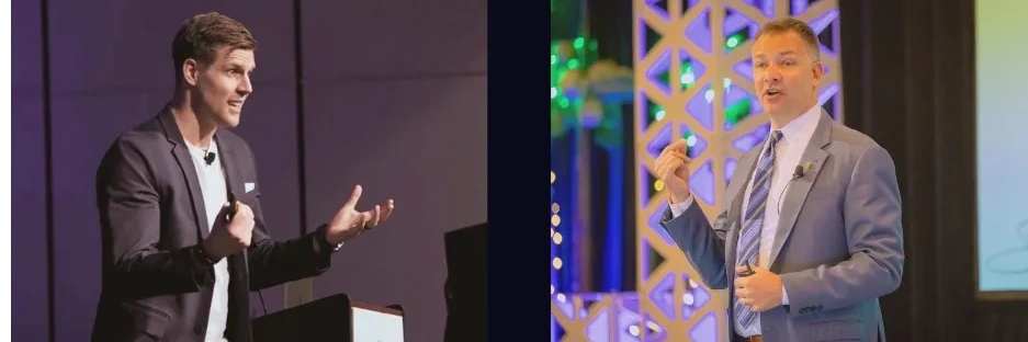 Two men speaking on communication and negotiation skills at an event.