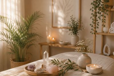 Cozy spa setting with crystals and candles.
