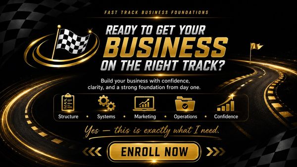 Business foundations course enrollment advertisement with a racing theme.