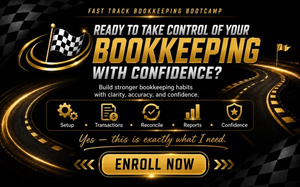 Fast Track Bookkeeping Bootcamp enrollment ad with a racing theme.