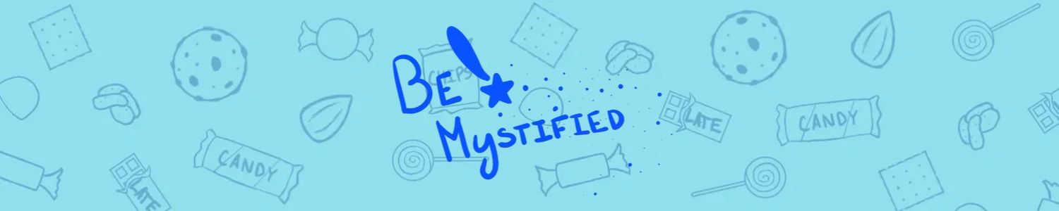 Be Mystified logo with a variety of snacks in the background
