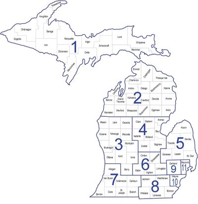 State of Michigan broken down into MOSPA regions 1-11: