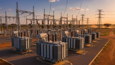 Electrical substation with transformers at sunset in a rural area.