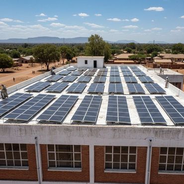 Solar panels installed on a flat rooftop in a residential area with workers around.
