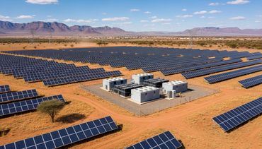 A large solar farm with rows of solar panels in a desert landscape.