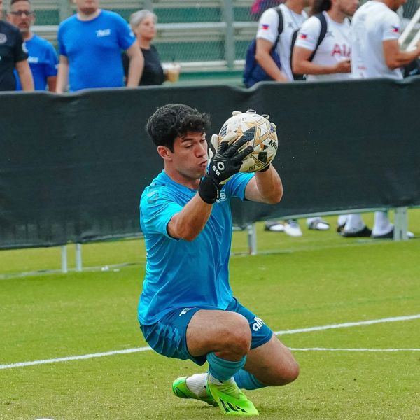 Goalkeeper catching a soccer ball during a match or practice.