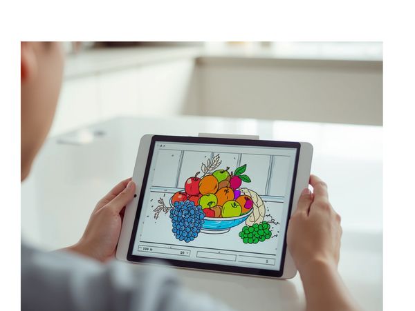 Person drawing fruits on a tablet.
