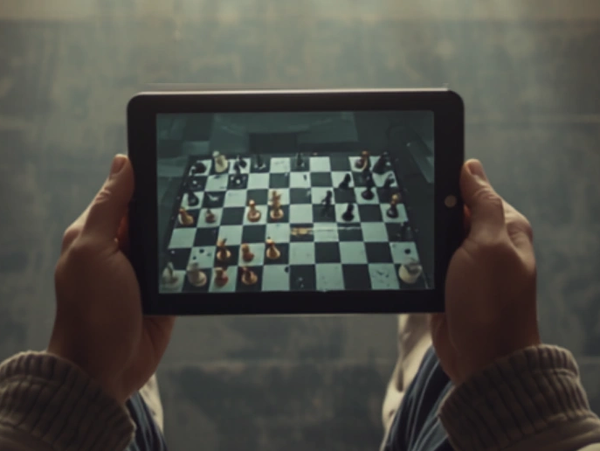 Person holding a tablet showing a chess game.