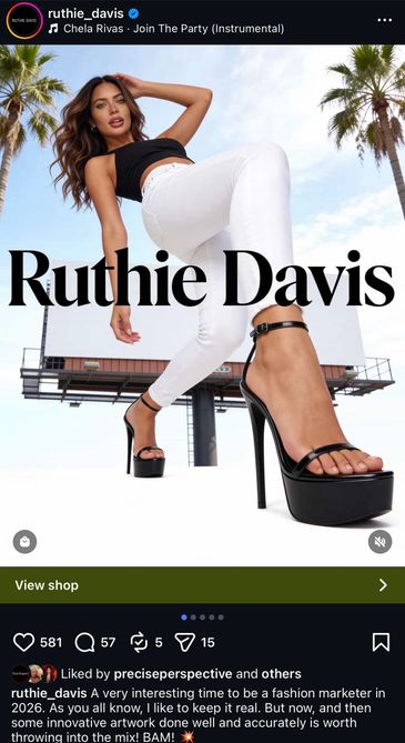 Fashion marketer showcasing bold style with high heels and white pants outdoors.