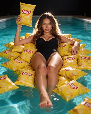 Woman in black swimsuit floats on Lay's chip bags in a pool.
