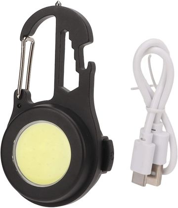 Portable black LED carabiner light with USB charging cable.