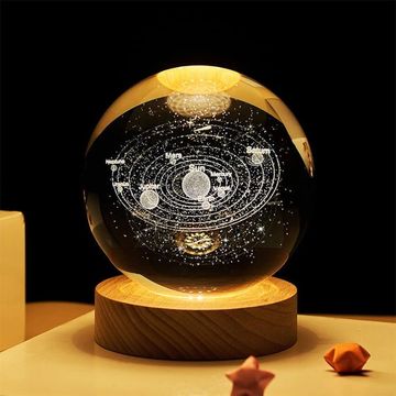 Illuminated crystal globe showing the solar system on a wooden base.