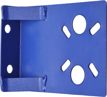Blue metal bracket with multiple mounting holes and welded supports.