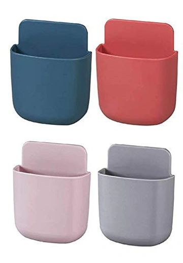 Four colorful silicone wall pockets in blue, red, pink, and gray.