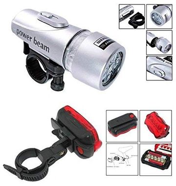 Set of bike front and rear LED lights with mounting brackets.