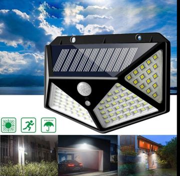 Solar-powered LED security light with motion sensor for outdoor use.
