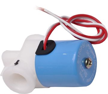 Blue and white electric solenoid valve with red and white wires.