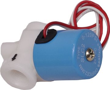 Blue and white solenoid valve with red and white wires attached.