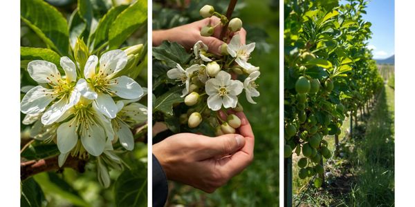 White fruit blossoms and growing green fruits in an orchard.