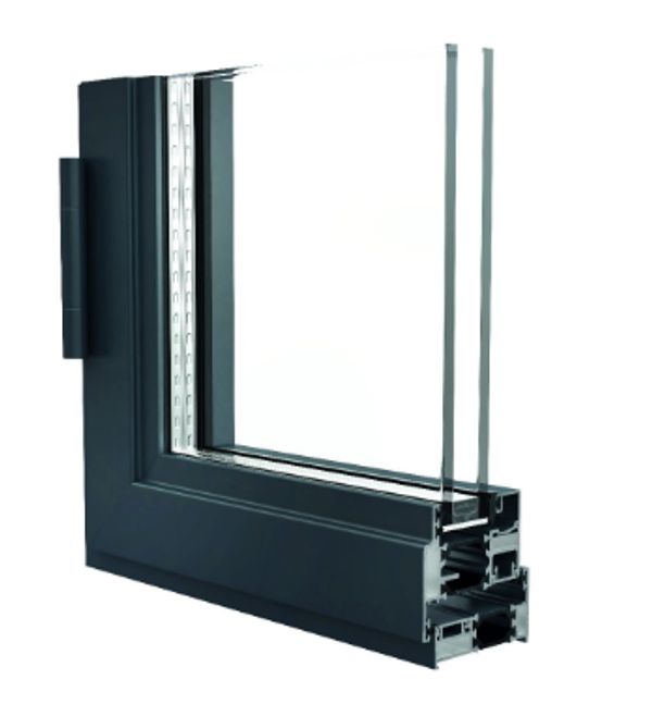 Cross-section of a modern insulated window frame with double glazing.