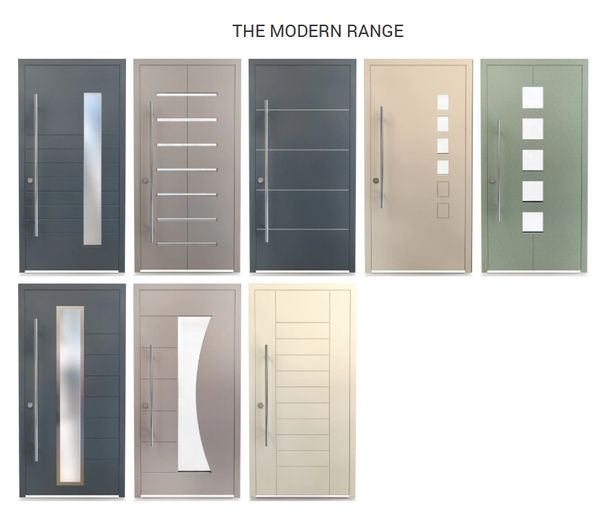 A collection of modern doors with sleek designs and metallic handles.