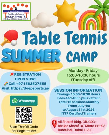 Bright summer-themed poster for a Table Tennis Summer Camp in Dubai.