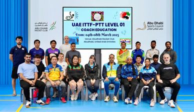 Group photo of participants and coaches at UAE ITTF-PTT Level 01 Coach Education event.