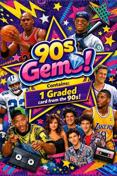 Colorful 90s-themed collage with iconic sports and TV stars.