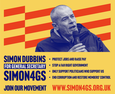 Campaign poster for Simon Dubbins as General Secretary with key goals and website.