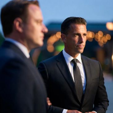 Two men in suits at an outdoor event during dusk.