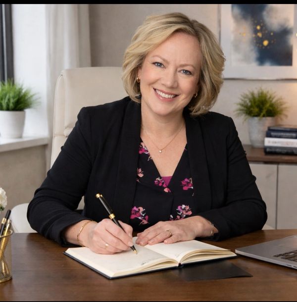 Smiling woman writing in a notebook at a desk with plants and a laptop.